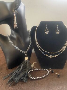 Iridescent Grays, Silver, Beaded Tassel & Illusion Necklaces and Earring Set